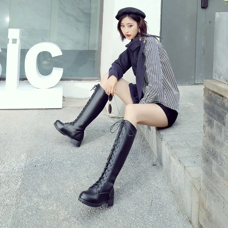 Womens Lace Up Knee High Boots Combat Chunky Low Heel Tall Boots