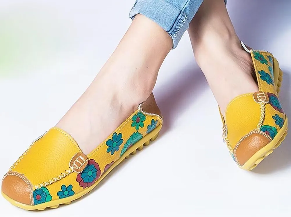 Women's Leather Floral Loafers Flats Shoes Slip-Ons