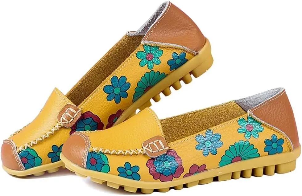Women's Leather Floral Loafers Flats Shoes Slip-Ons
