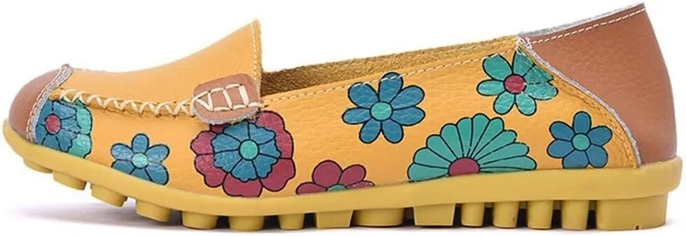Women's Leather Floral Loafers Flats Shoes Slip-Ons