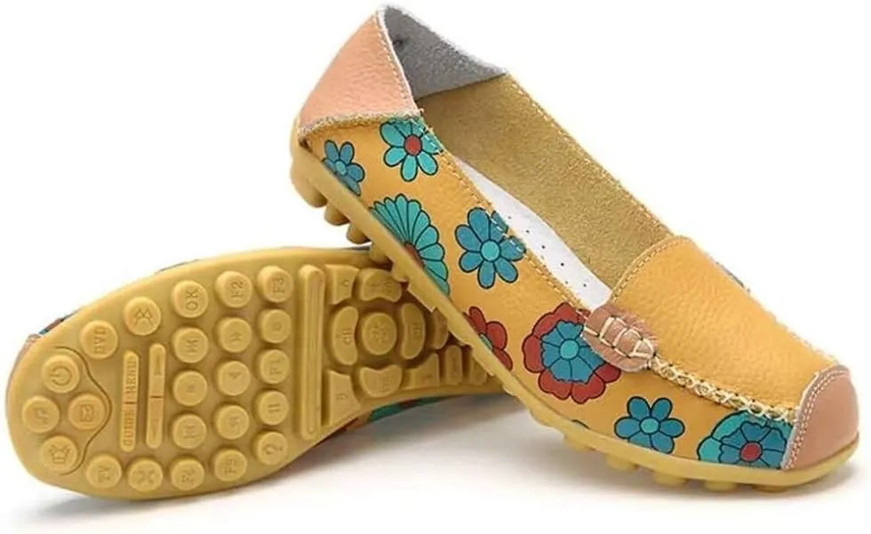 Women's Leather Floral Loafers Flats Shoes Slip-Ons