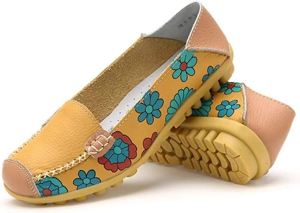 Women's Leather Floral Loafers Flats Shoes Slip-Ons