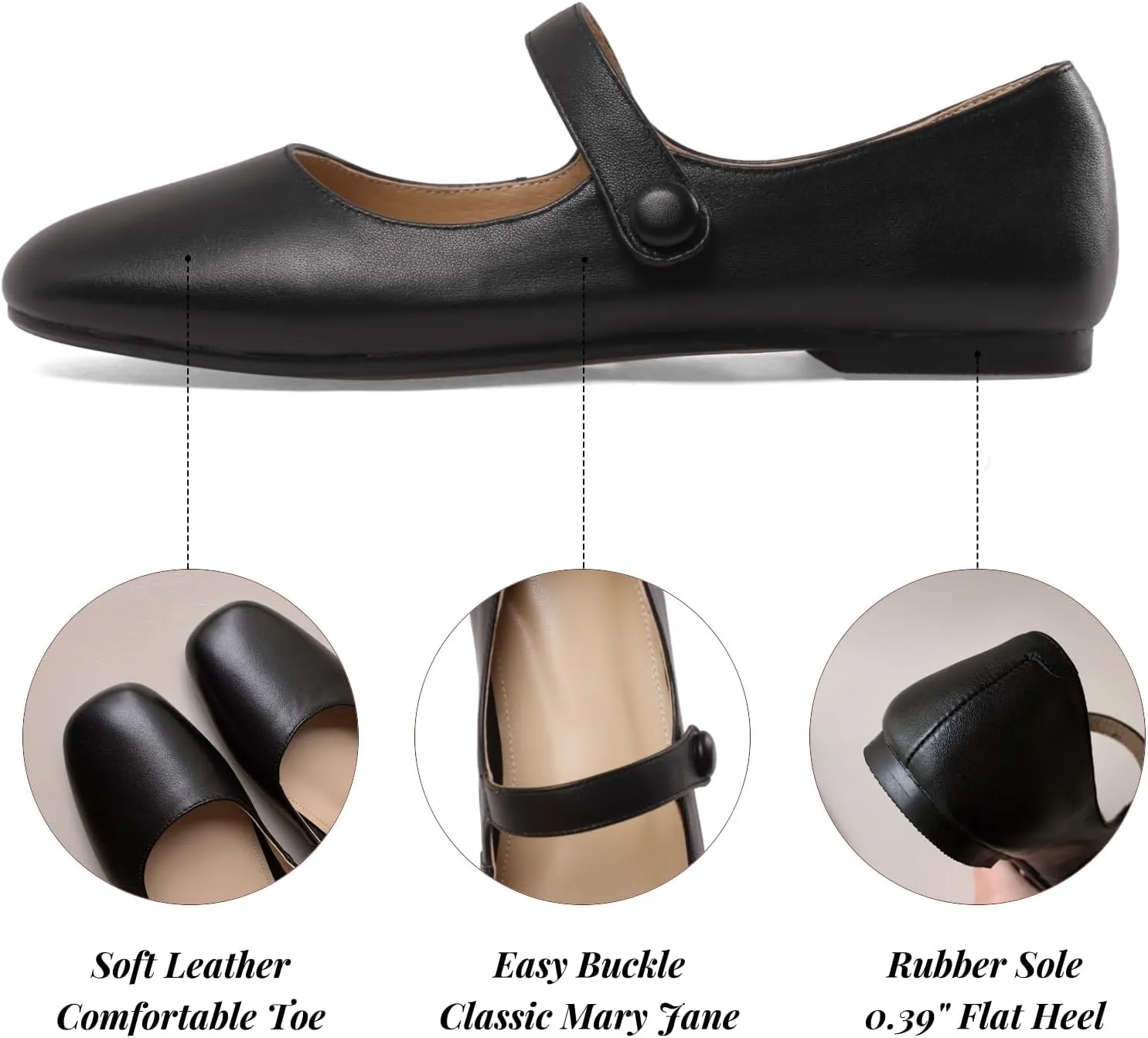 Women's Leather Mary Jane Flats - Soft Comfortable Material, Easy Buckle Slip On, Classic Go-to Casual Shoes