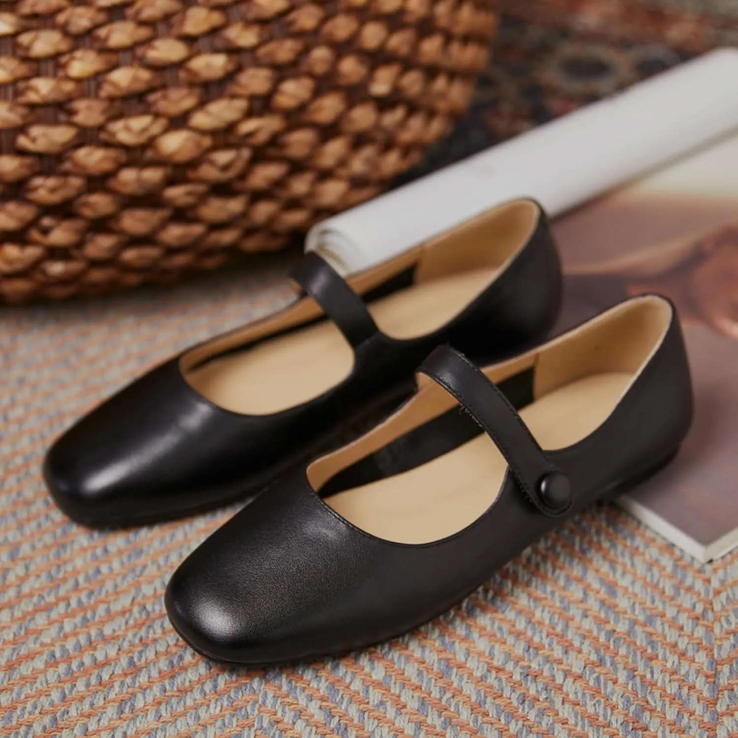 Women's Leather Mary Jane Flats - Soft Comfortable Material, Easy Buckle Slip On, Classic Go-to Casual Shoes
