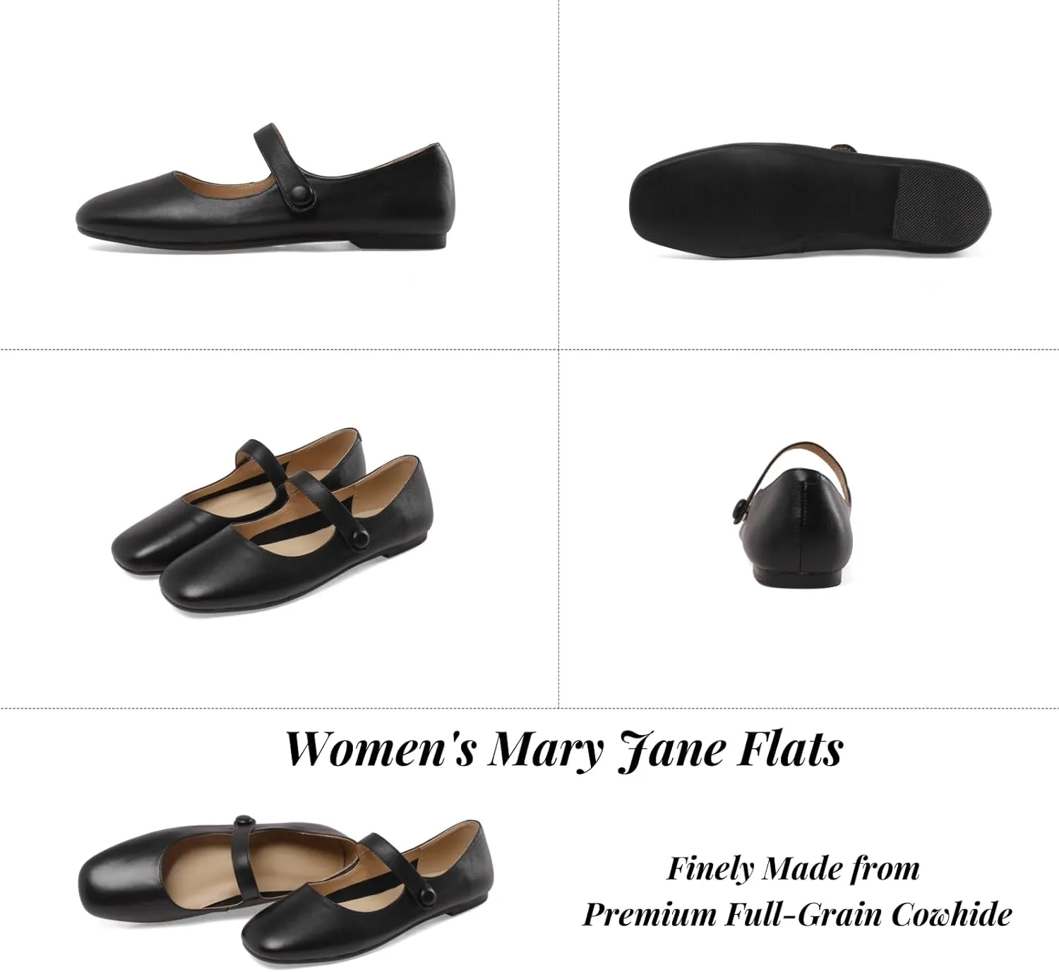 Women's Leather Mary Jane Flats - Soft Comfortable Material, Easy Buckle Slip On, Classic Go-to Casual Shoes