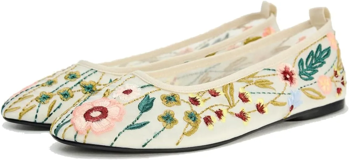 Women's Mesh Ballet Flats Embroidered Floral Mary Jane Flats Casual Comfortable Round Toe Ballerina Shoes