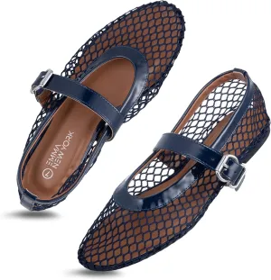 Women’s Mesh Ballet Flats – Fishnet Mary Jane Flats with Adjustable Buckle Strap, Breathable & Stylish Ballerina Shoes