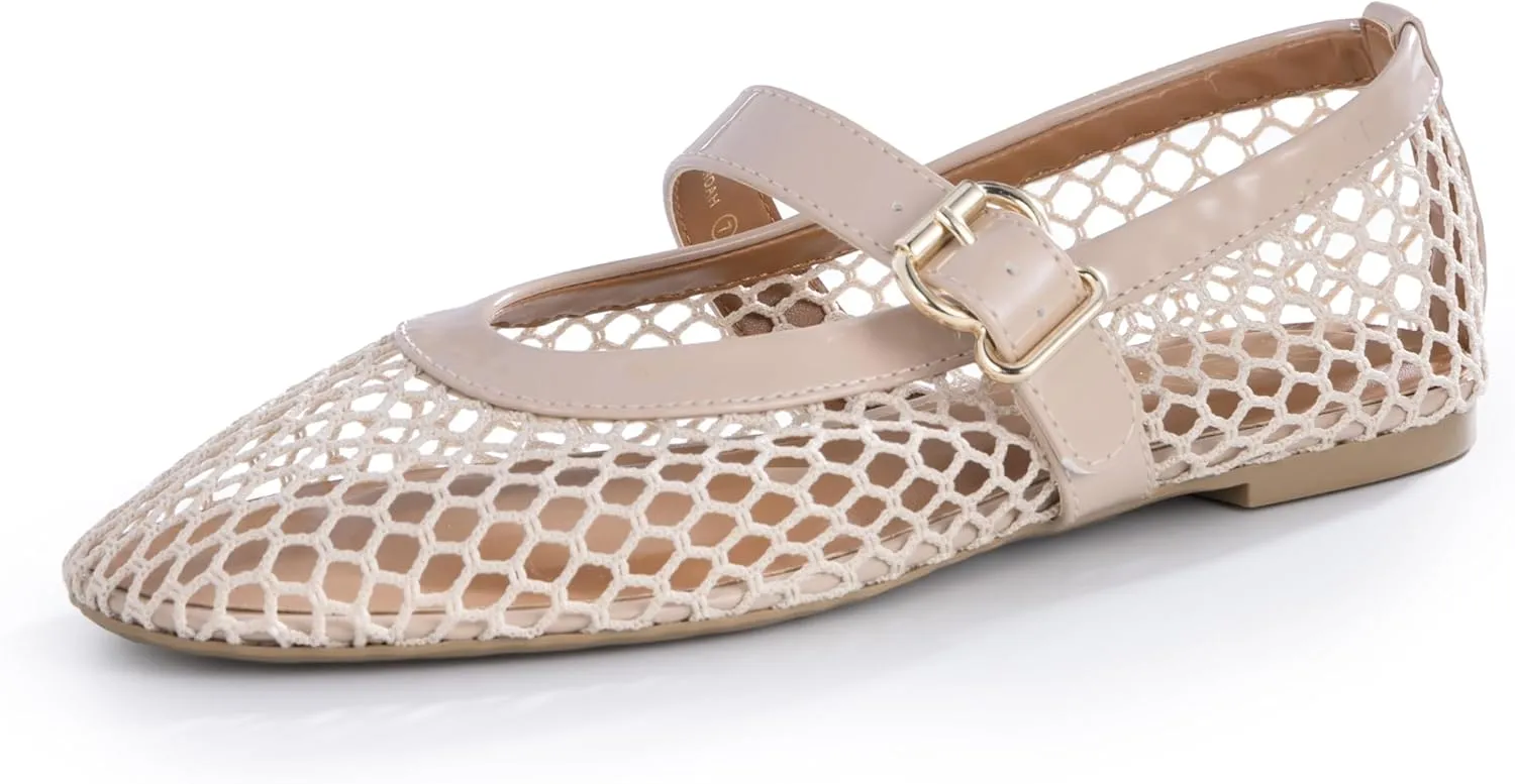 Women’s Mesh Ballet Flats – Fishnet Mary Jane Flats with Adjustable Buckle Strap, Breathable & Stylish Ballerina Shoes