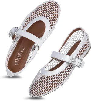 Women’s Mesh Ballet Flats – Fishnet Mary Jane Flats with Adjustable Buckle Strap, Breathable & Stylish Ballerina Shoes
