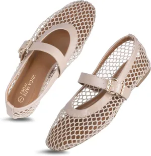 Women’s Mesh Ballet Flats – Fishnet Mary Jane Flats with Adjustable Buckle Strap, Breathable & Stylish Ballerina Shoes