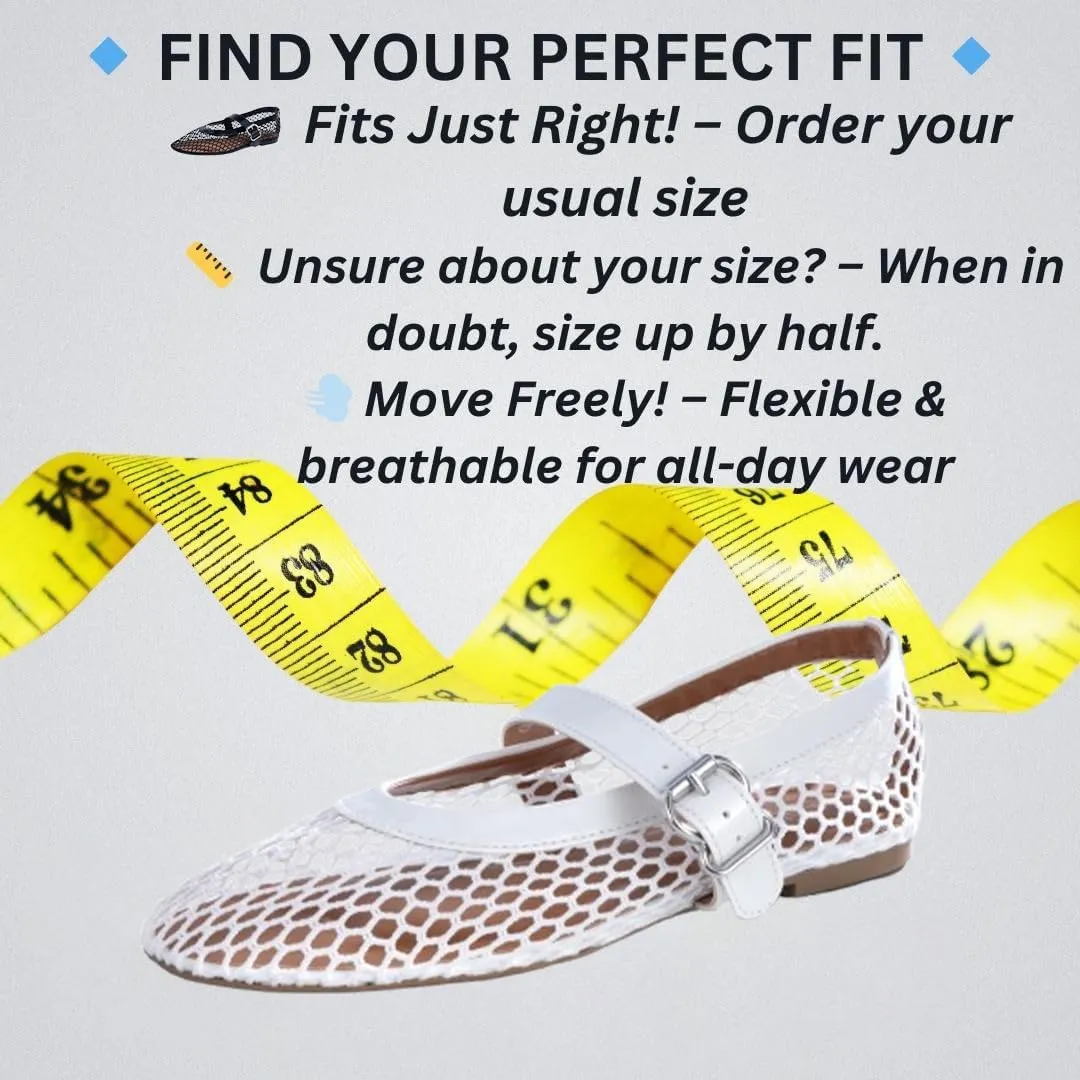 Women’s Mesh Ballet Flats – Fishnet Mary Jane Flats with Adjustable Buckle Strap, Breathable & Stylish Ballerina Shoes