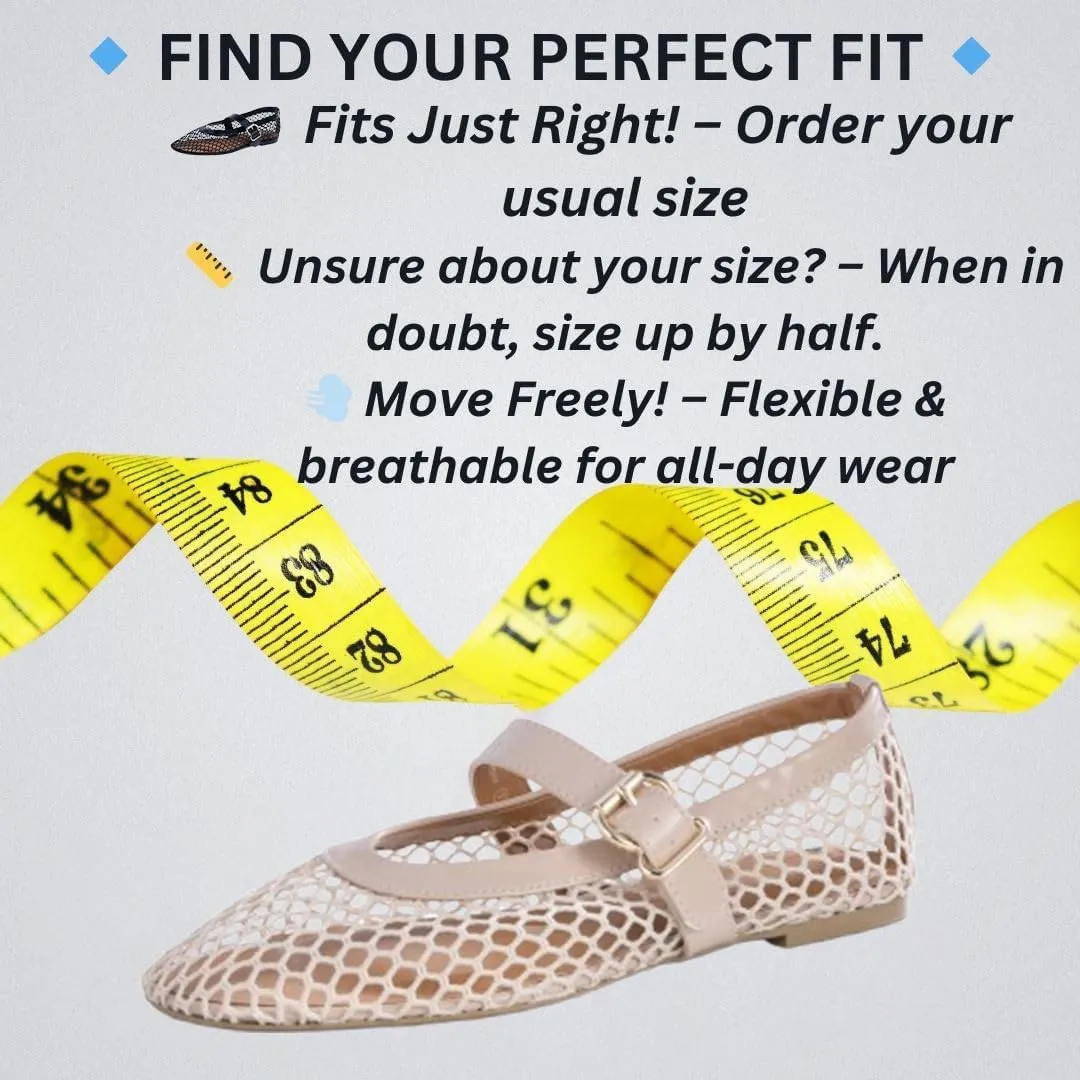 Women’s Mesh Ballet Flats – Fishnet Mary Jane Flats with Adjustable Buckle Strap, Breathable & Stylish Ballerina Shoes