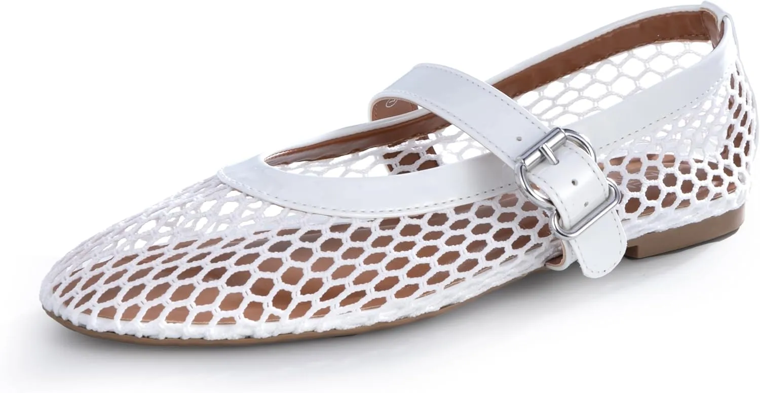 Women’s Mesh Ballet Flats – Fishnet Mary Jane Flats with Adjustable Buckle Strap, Breathable & Stylish Ballerina Shoes