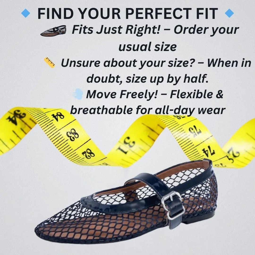 Women’s Mesh Ballet Flats – Fishnet Mary Jane Flats with Adjustable Buckle Strap, Breathable & Stylish Ballerina Shoes