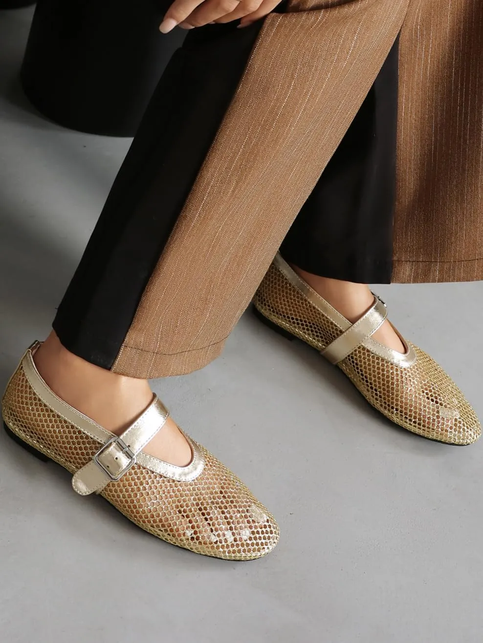 Women's Mesh Ballet Flats Mary Jane Ballerina Buckle Ankle Strap Round Toe Comfy Casual Office Shoes Closed Toe Dress Pumps