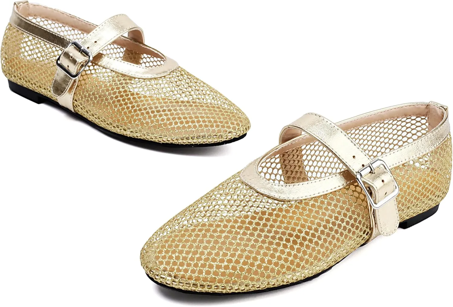 Women's Mesh Ballet Flats Mary Jane Ballerina Buckle Ankle Strap Round Toe Comfy Casual Office Shoes Closed Toe Dress Pumps