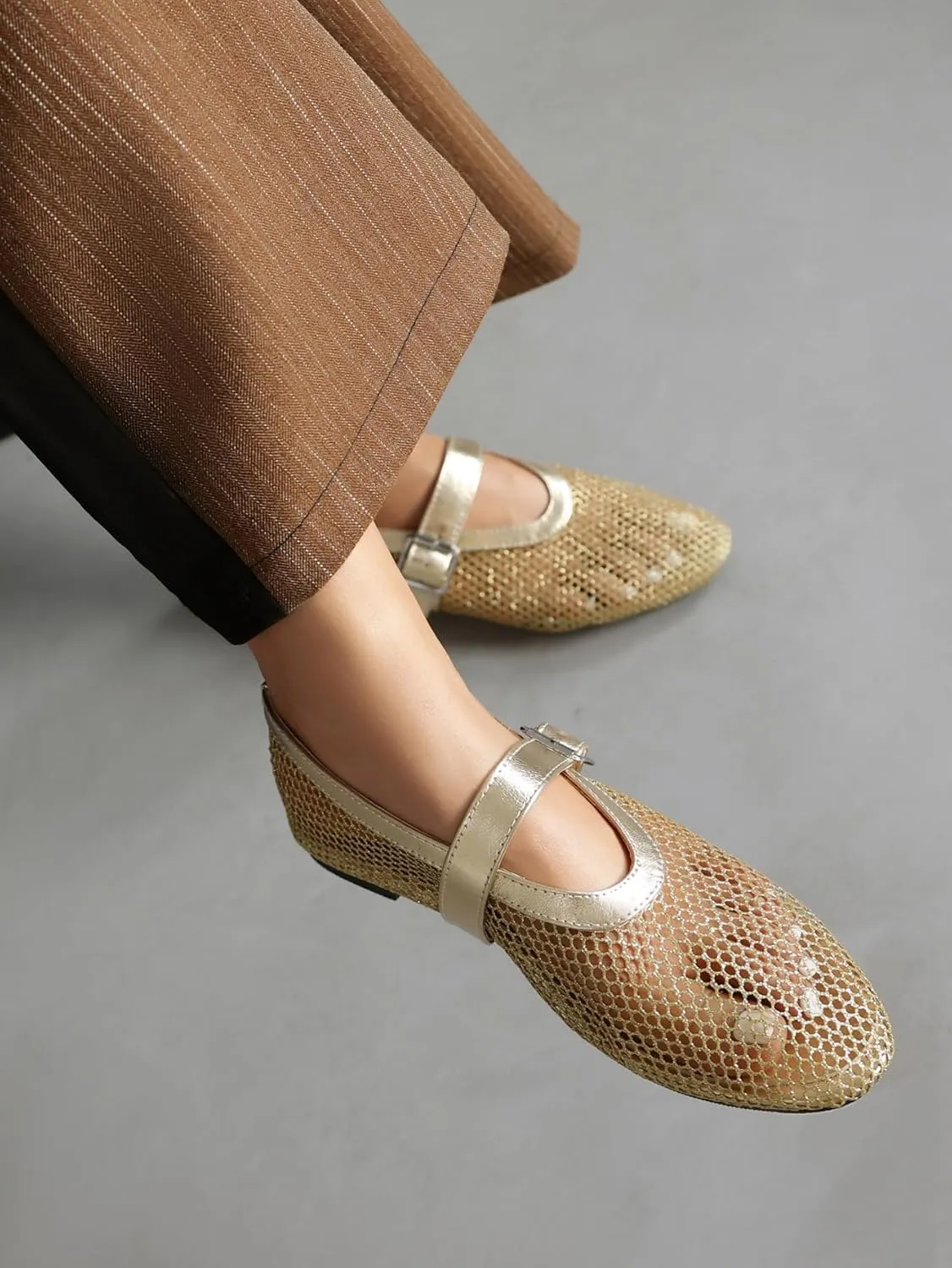 Women's Mesh Ballet Flats Mary Jane Ballerina Buckle Ankle Strap Round Toe Comfy Casual Office Shoes Closed Toe Dress Pumps