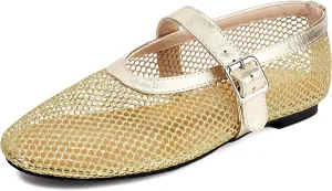 Women's Mesh Ballet Flats Mary Jane Ballerina Buckle Ankle Strap Round Toe Comfy Casual Office Shoes Closed Toe Dress Pumps