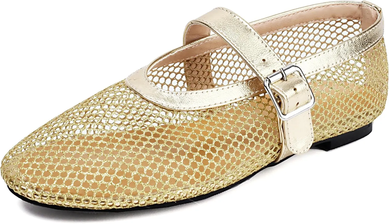 Women's Mesh Ballet Flats Mary Jane Ballerina Buckle Ankle Strap Round Toe Comfy Casual Office Shoes Closed Toe Dress Pumps