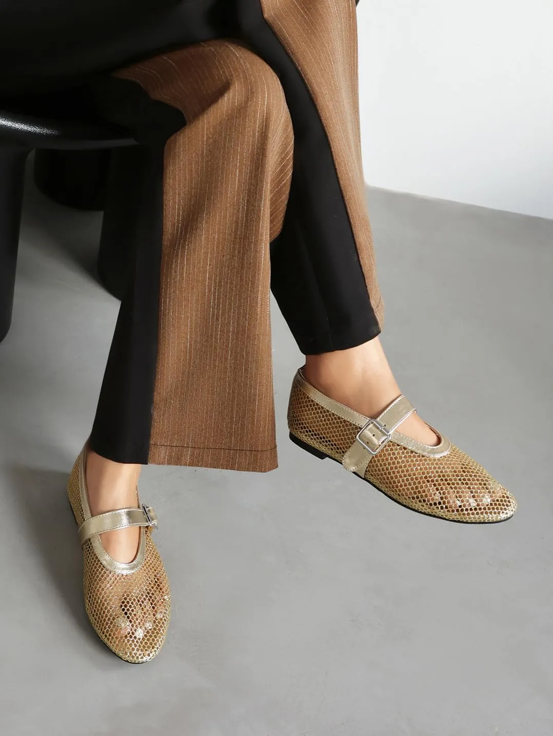 Women's Mesh Ballet Flats Mary Jane Ballerina Buckle Ankle Strap Round Toe Comfy Casual Office Shoes Closed Toe Dress Pumps