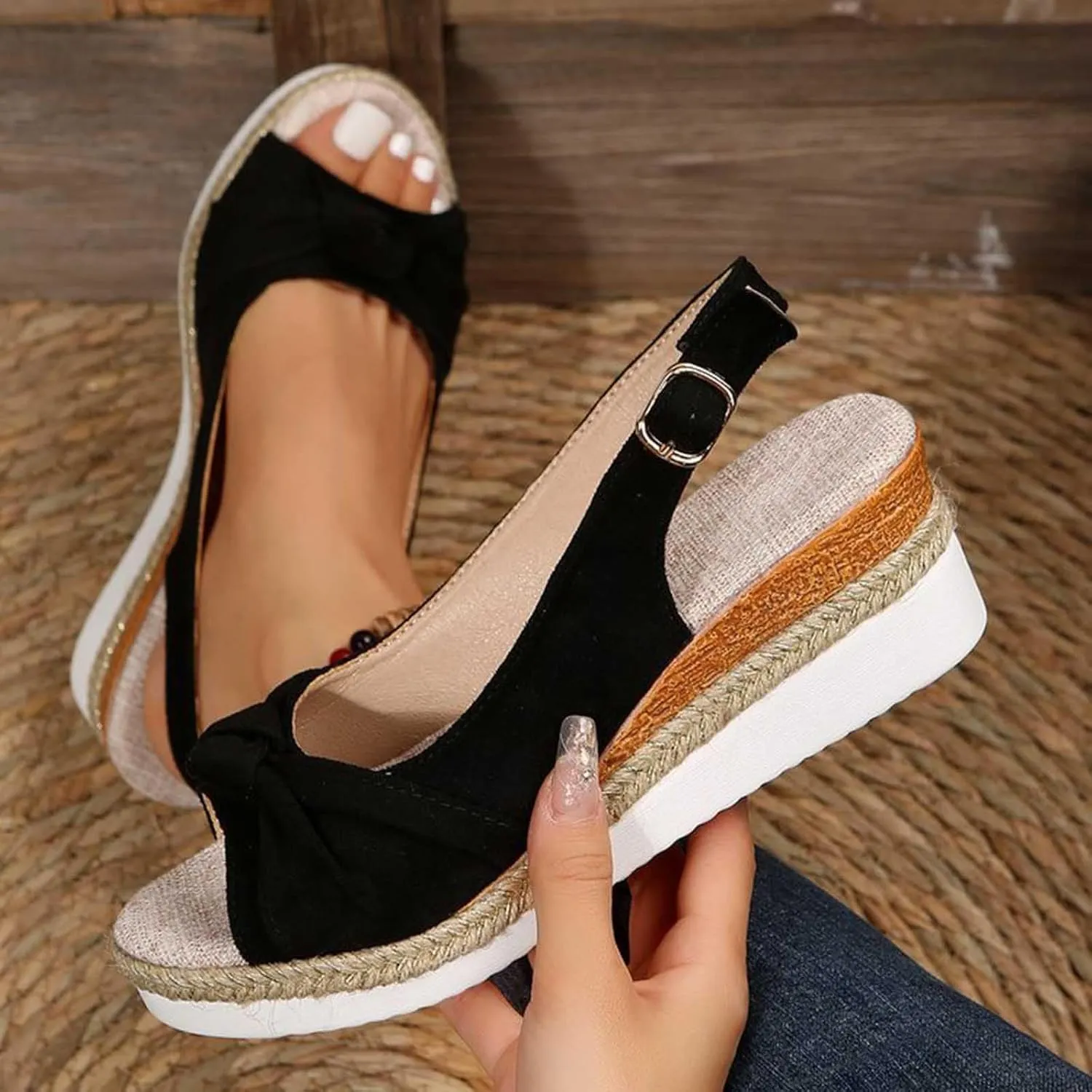 Women's New Large Size Suede Cord Bow Wedge Casual Sandals