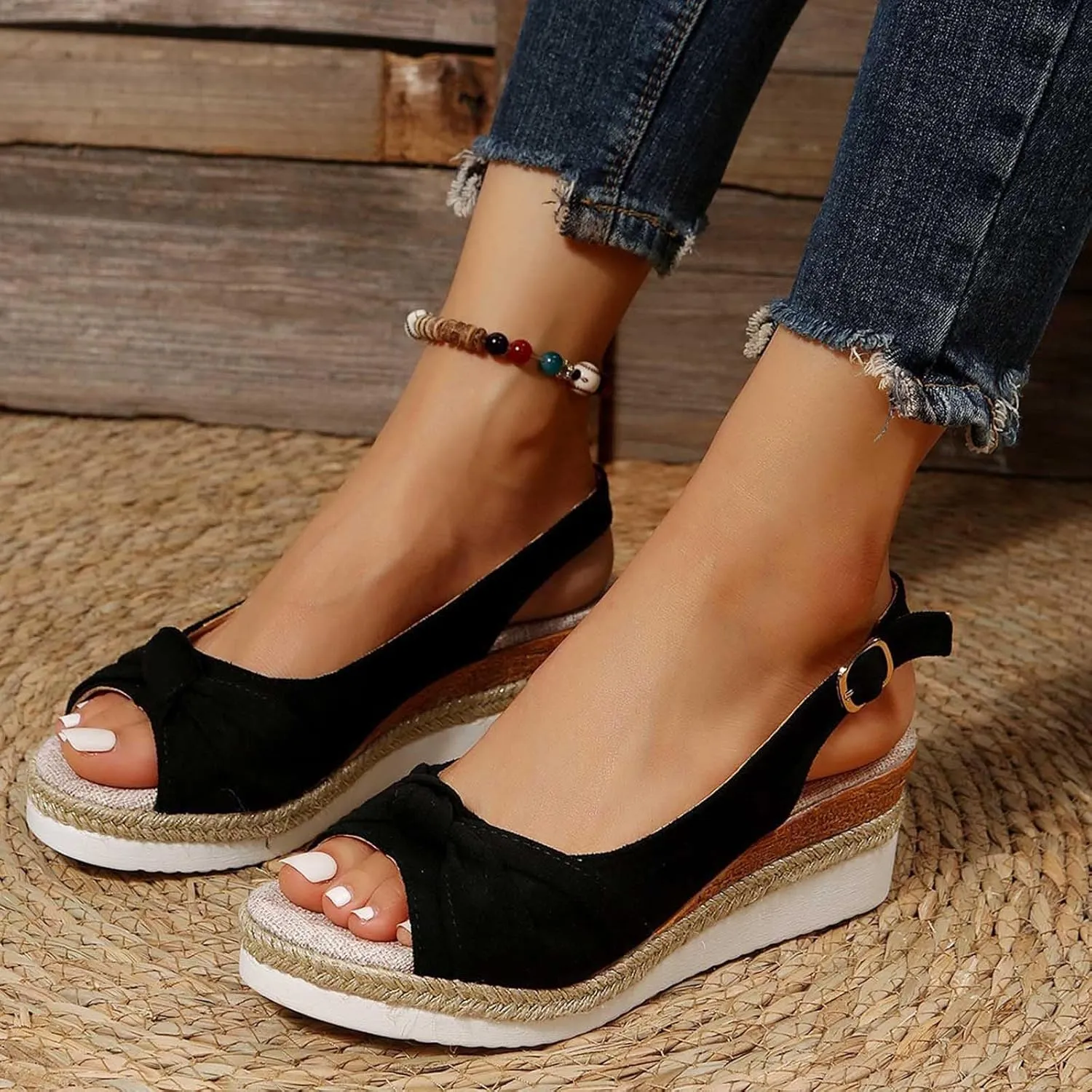Women's New Large Size Suede Cord Bow Wedge Casual Sandals