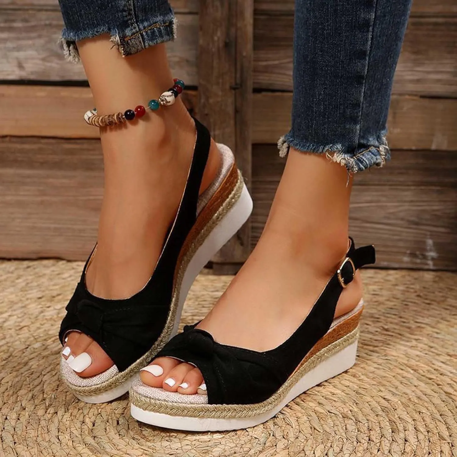 Women's New Large Size Suede Cord Bow Wedge Casual Sandals
