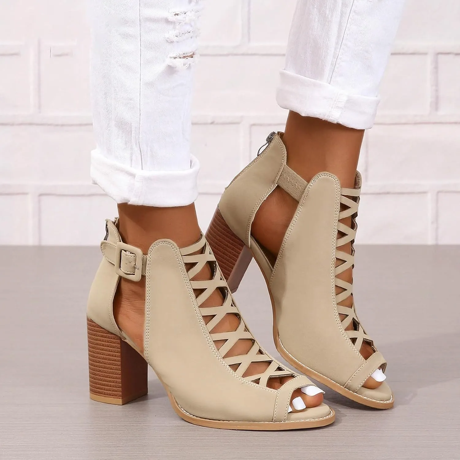 Women's Open Toe Booties with Block Heel and Side Comfortable and Stylish Cut Out Design Chunky Heel Woman Heels Shoes