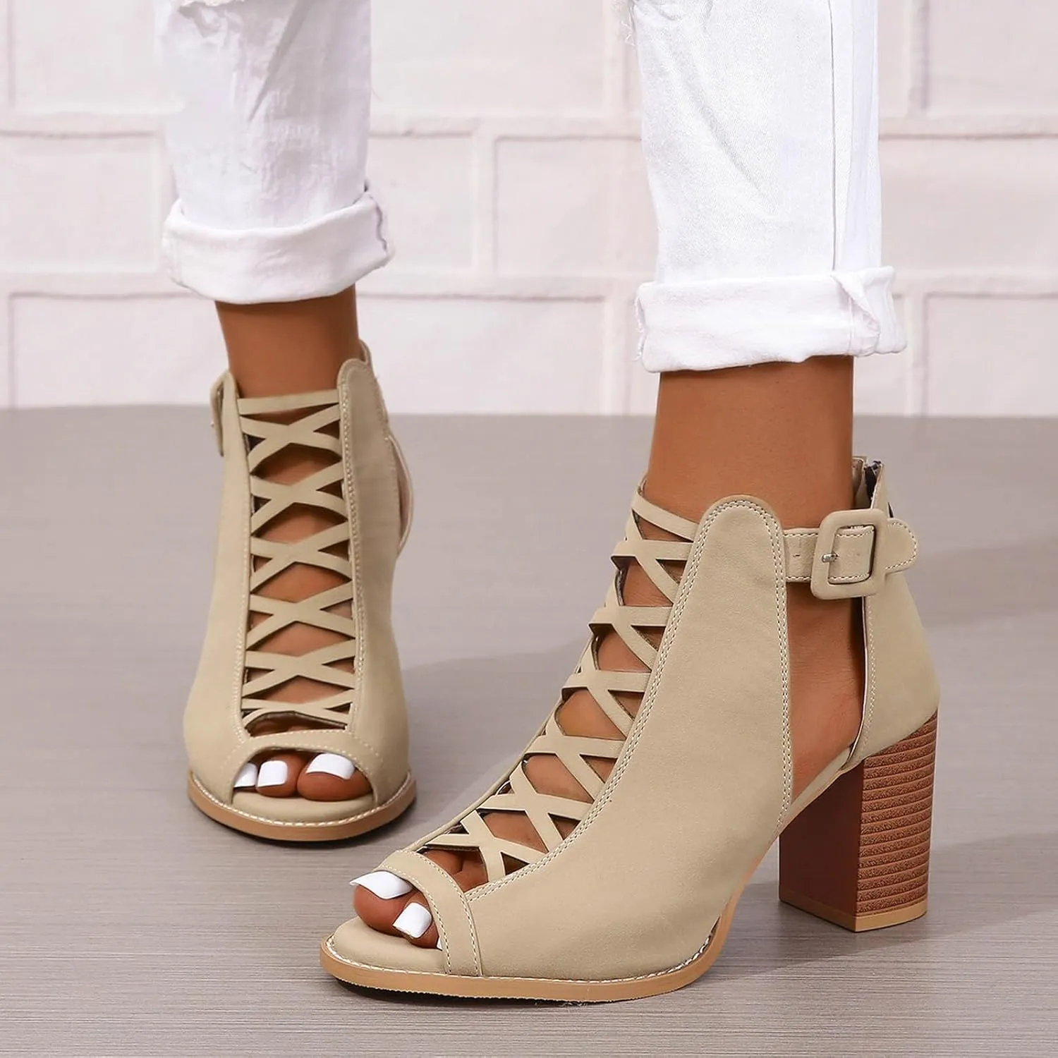 Women's Open Toe Booties with Block Heel and Side Comfortable and Stylish Cut Out Design Chunky Heel Woman Heels Shoes