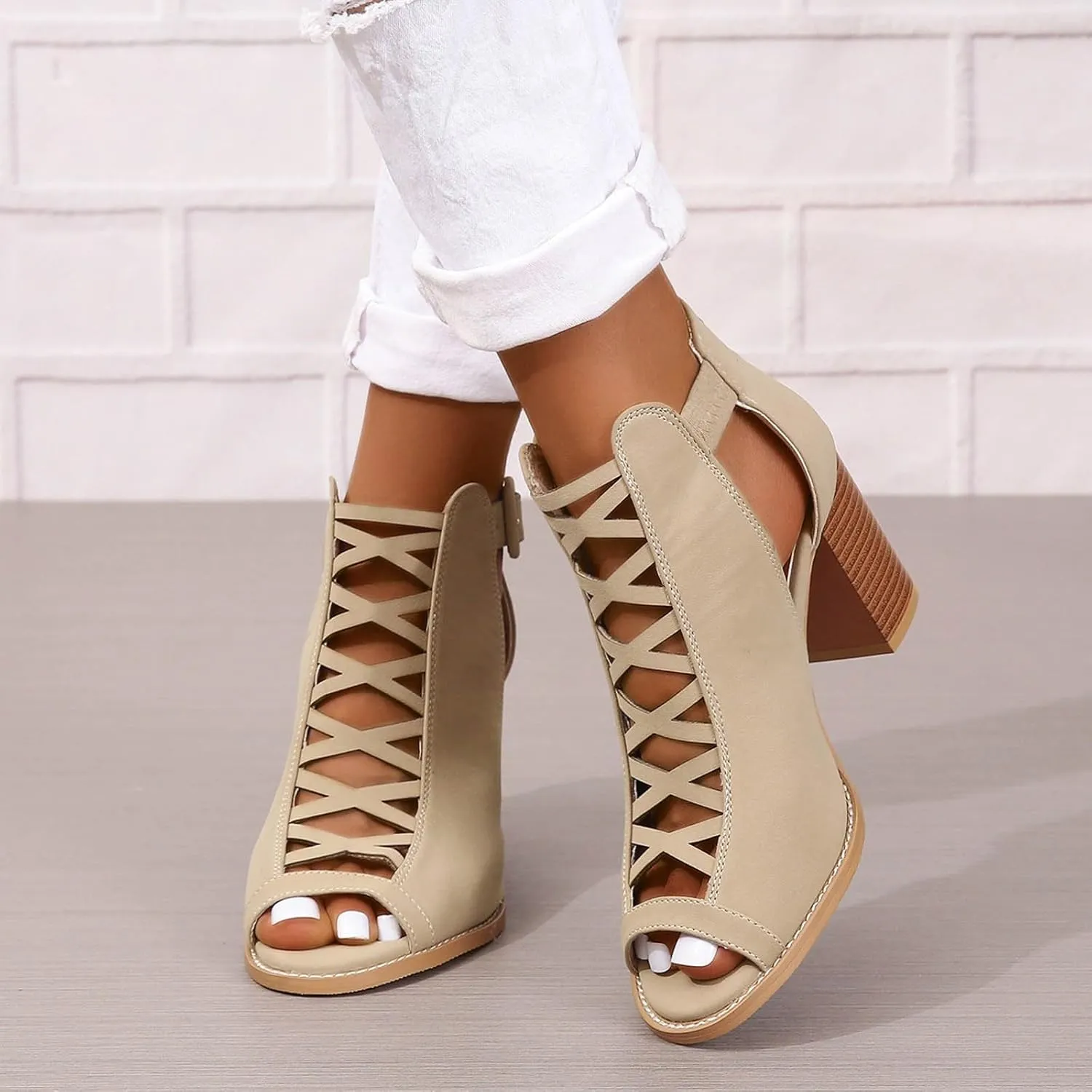 Women's Open Toe Booties with Block Heel and Side Comfortable and Stylish Cut Out Design Chunky Heel Woman Heels Shoes