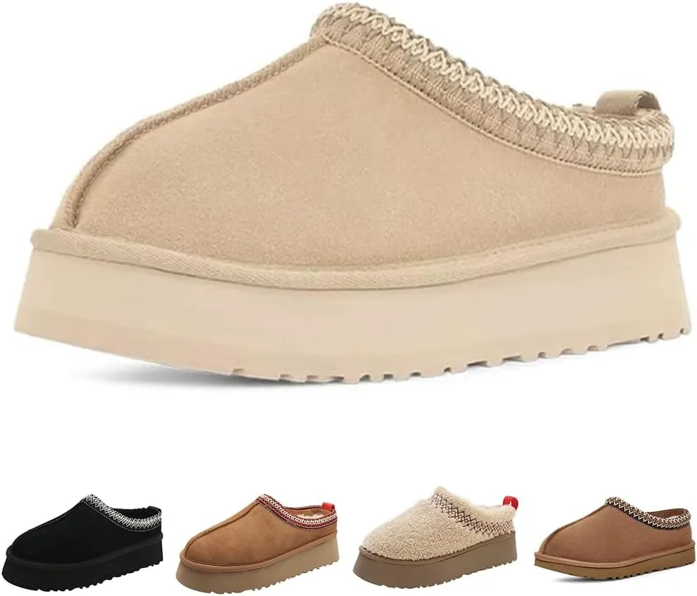 Women's Platform Mini Boots Slippers for Women Warm Fuzzy Slippers Fur Fleece Lined Slip on Suede Short Ankle Boots Outdoor Indoor Braid Slippers Anti Slip Trend
