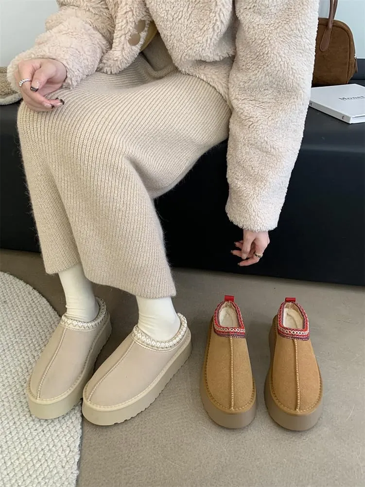 Women's Platform Mini Boots Slippers for Women Warm Fuzzy Slippers Fur Fleece Lined Slip on Suede Short Ankle Boots Outdoor Indoor Braid Slippers Anti Slip Trend
