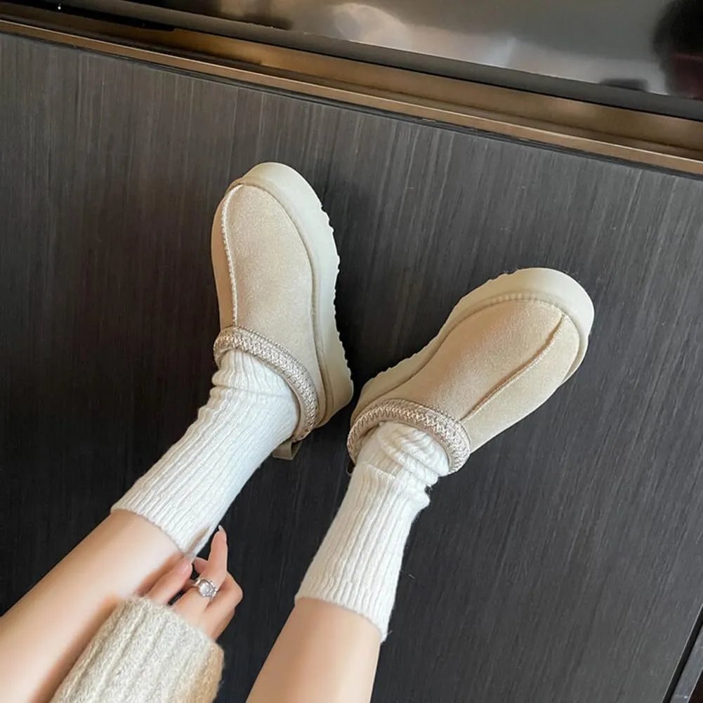 Women's Platform Mini Boots Slippers for Women Warm Fuzzy Slippers Fur Fleece Lined Slip on Suede Short Ankle Boots Outdoor Indoor Braid Slippers Anti Slip Trend