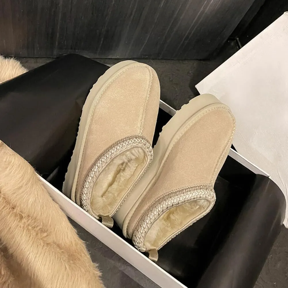 Women's Platform Mini Boots Slippers for Women Warm Fuzzy Slippers Fur Fleece Lined Slip on Suede Short Ankle Boots Outdoor Indoor Braid Slippers Anti Slip Trend
