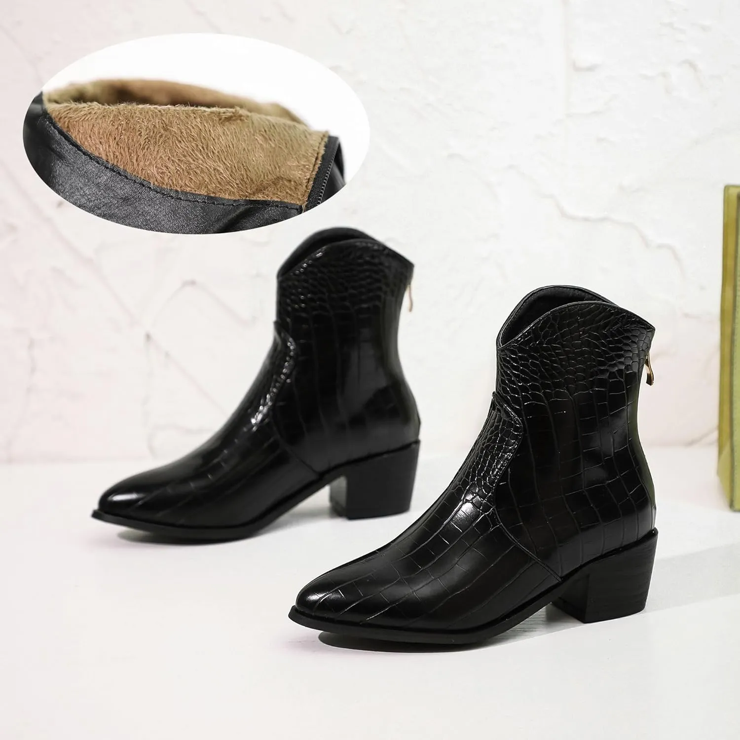 Women's Pointed Toe Block Heel Boots, Zipper Chunky Heeled Ankle Boots, Dress Winter Fashion Booties