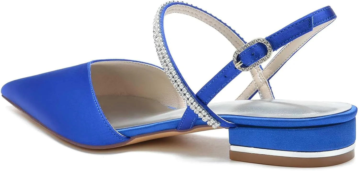 Women's Pointed Toe Crystal Wedding Flats for Bride Comfortable Satin White Wedding Shoes Low Heels Ankle Strap Bridal Flats Evening Prom Party Dress Shoes Pumps