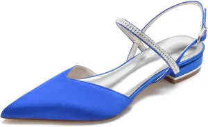 Women's Pointed Toe Crystal Wedding Flats for Bride Comfortable Satin White Wedding Shoes Low Heels Ankle Strap Bridal Flats Evening Prom Party Dress Shoes Pumps