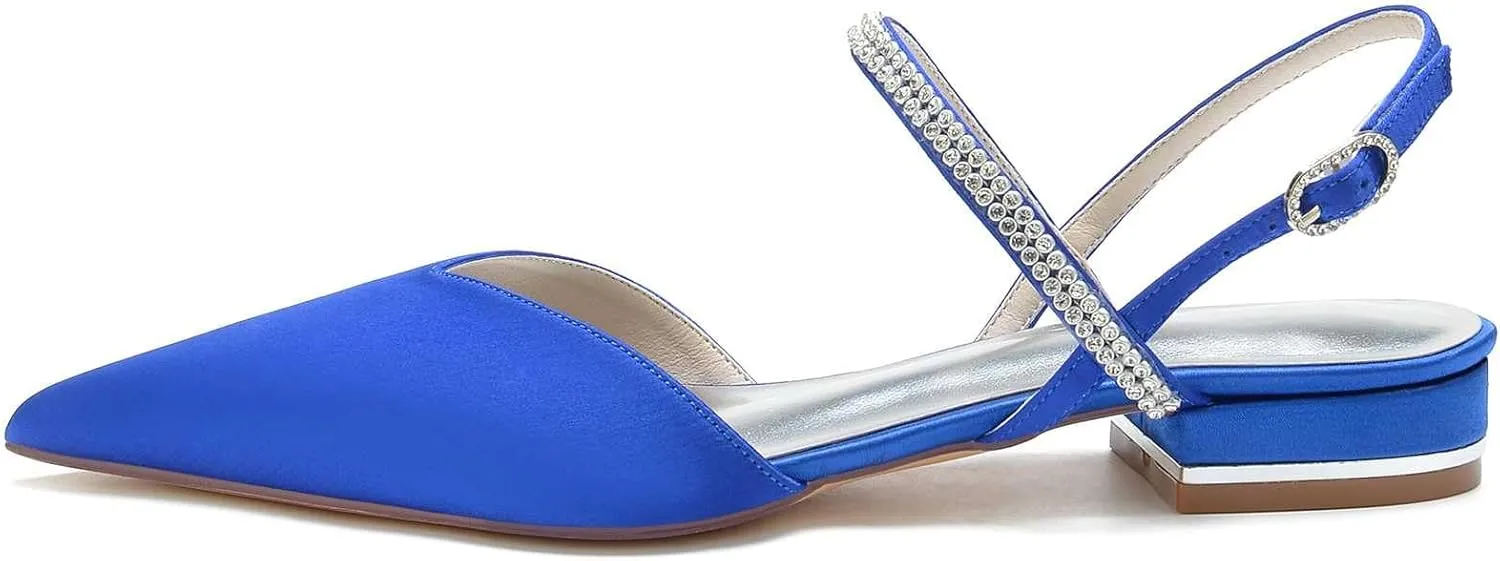 Women's Pointed Toe Crystal Wedding Flats for Bride Comfortable Satin White Wedding Shoes Low Heels Ankle Strap Bridal Flats Evening Prom Party Dress Shoes Pumps