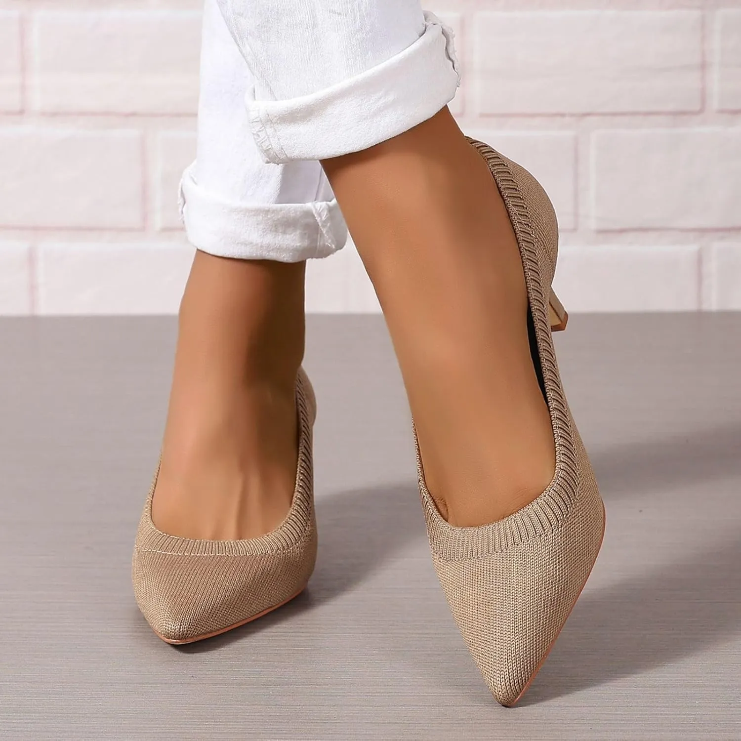 Women's Pumps Kitten Heel Pump Shoes Pointed Toe Knit Comfortable Casual Party Dressy Low Heel Dress Shoes