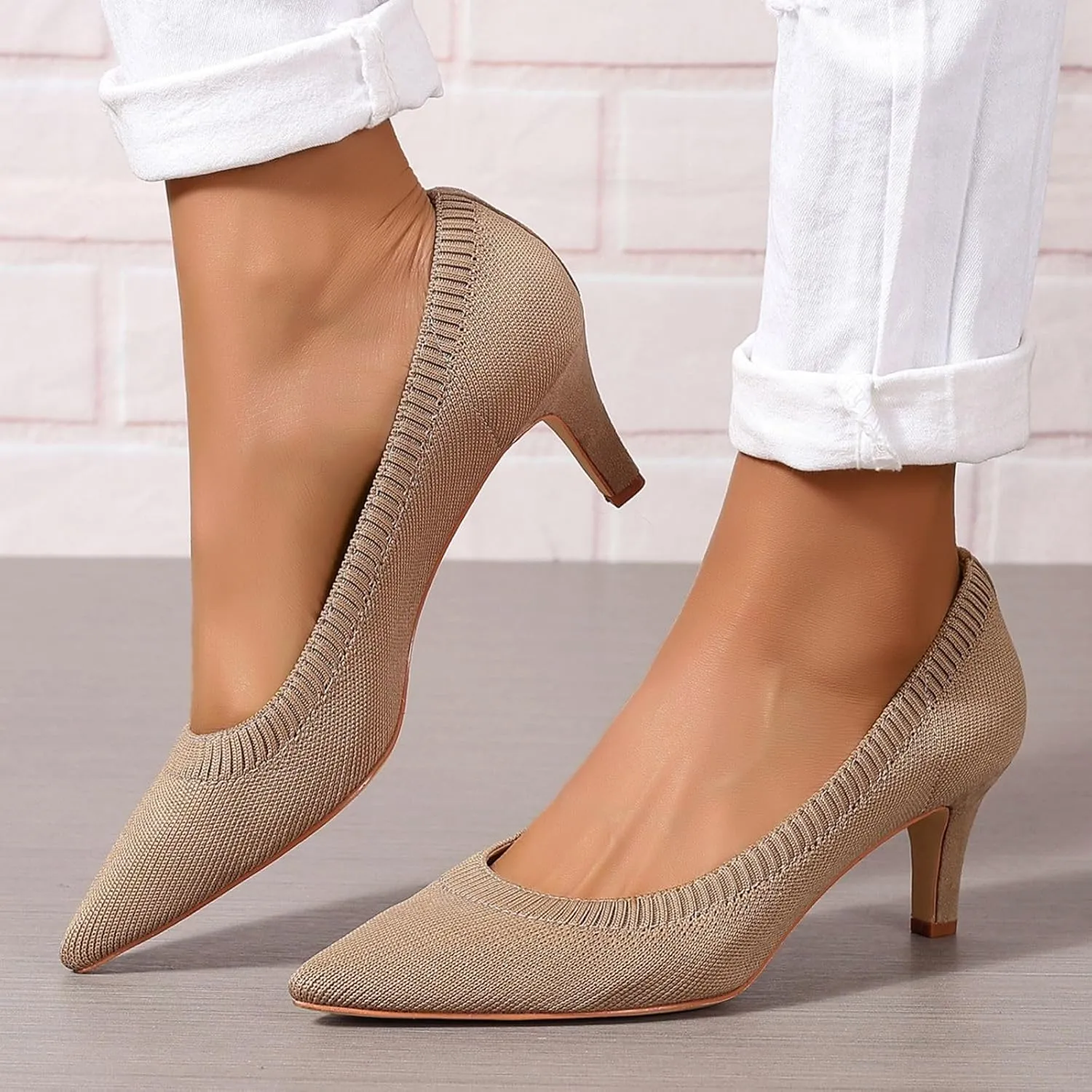 Women's Pumps Kitten Heel Pump Shoes Pointed Toe Knit Comfortable Casual Party Dressy Low Heel Dress Shoes