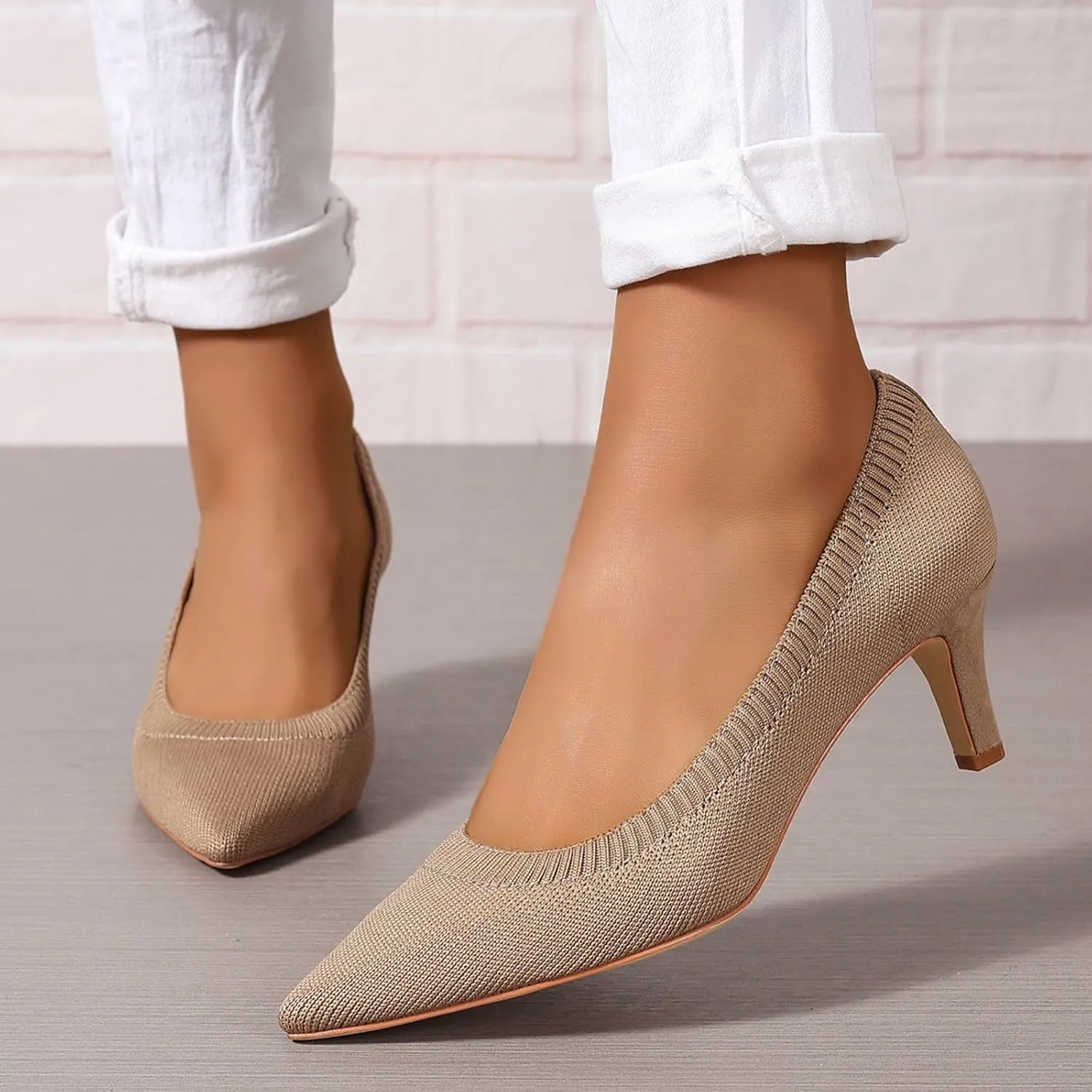 Women's Pumps Kitten Heel Pump Shoes Pointed Toe Knit Comfortable Casual Party Dressy Low Heel Dress Shoes