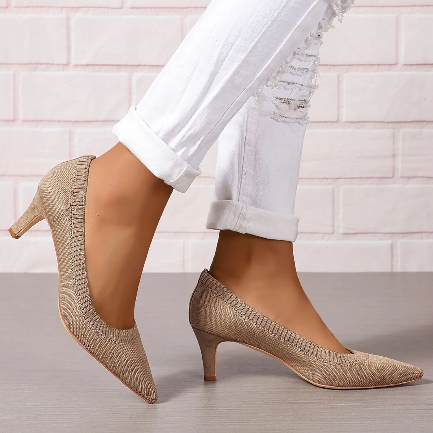 Women's Pumps Kitten Heel Pump Shoes Pointed Toe Knit Comfortable Casual Party Dressy Low Heel Dress Shoes