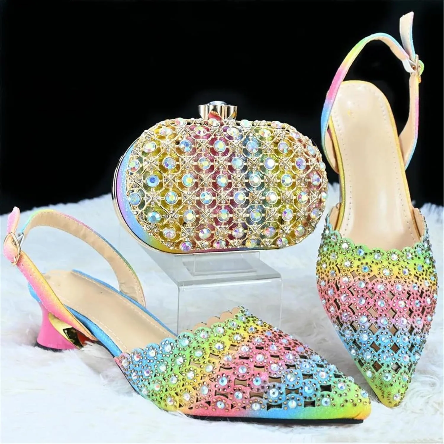 Women's Rainbow Crystal Pointed Toe Shoes & Clutch - Trendy Banquet Set