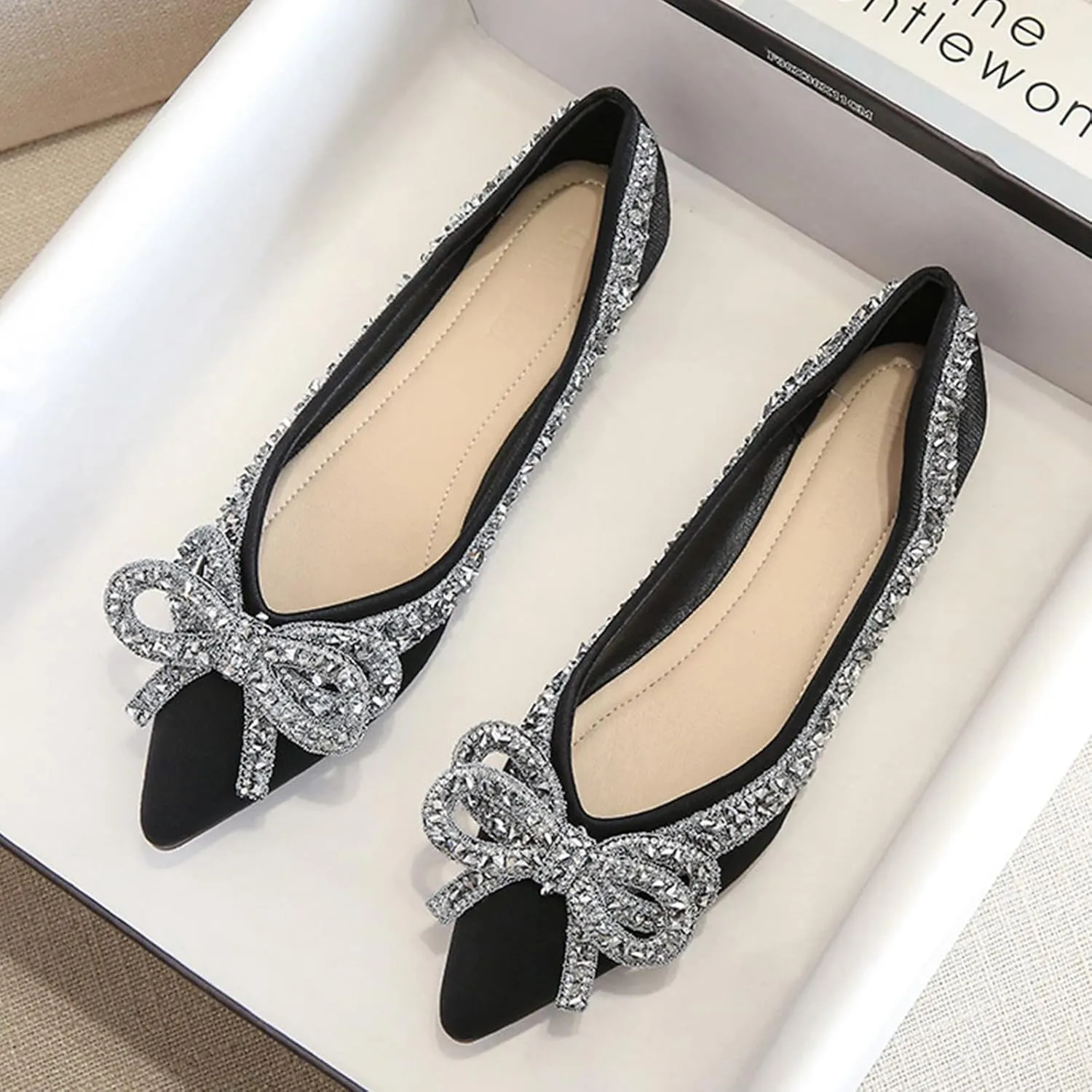 Women's Rhinestone Bow Ballet Flats Shoes，Cute Closed Pointed Toe Slip-On Loafers Comfortable and Lightweight Wedding Dress Shoes