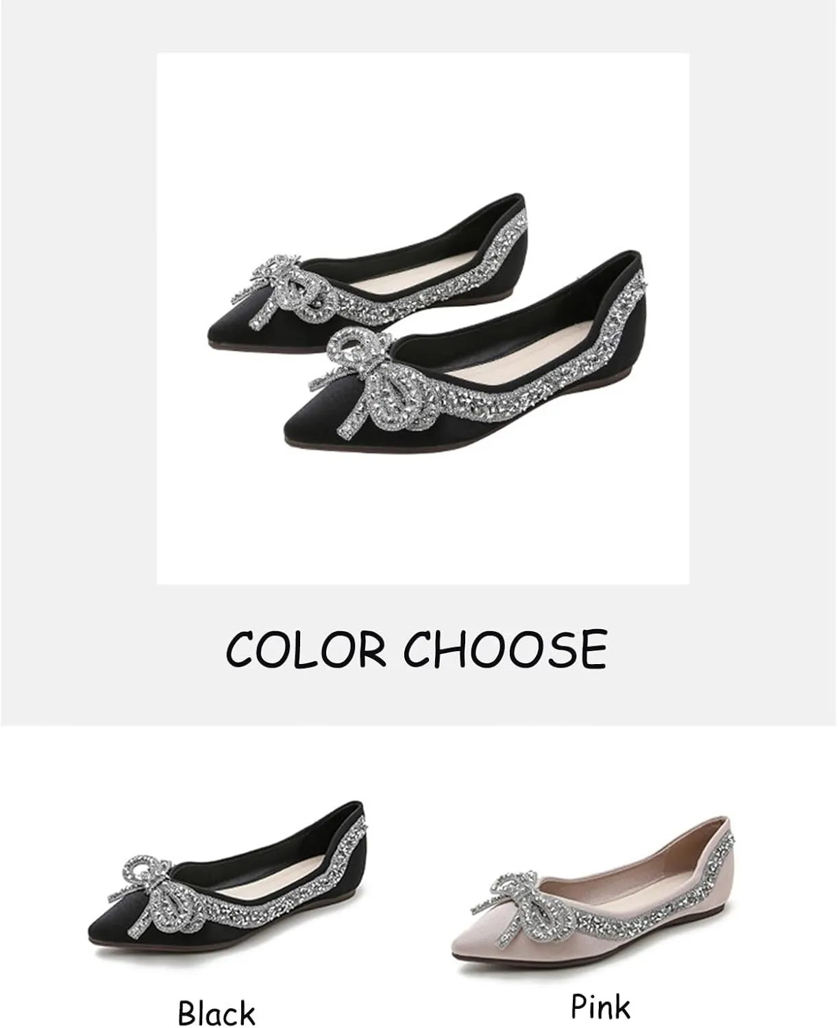 Women's Rhinestone Bow Ballet Flats Shoes，Cute Closed Pointed Toe Slip-On Loafers Comfortable and Lightweight Wedding Dress Shoes