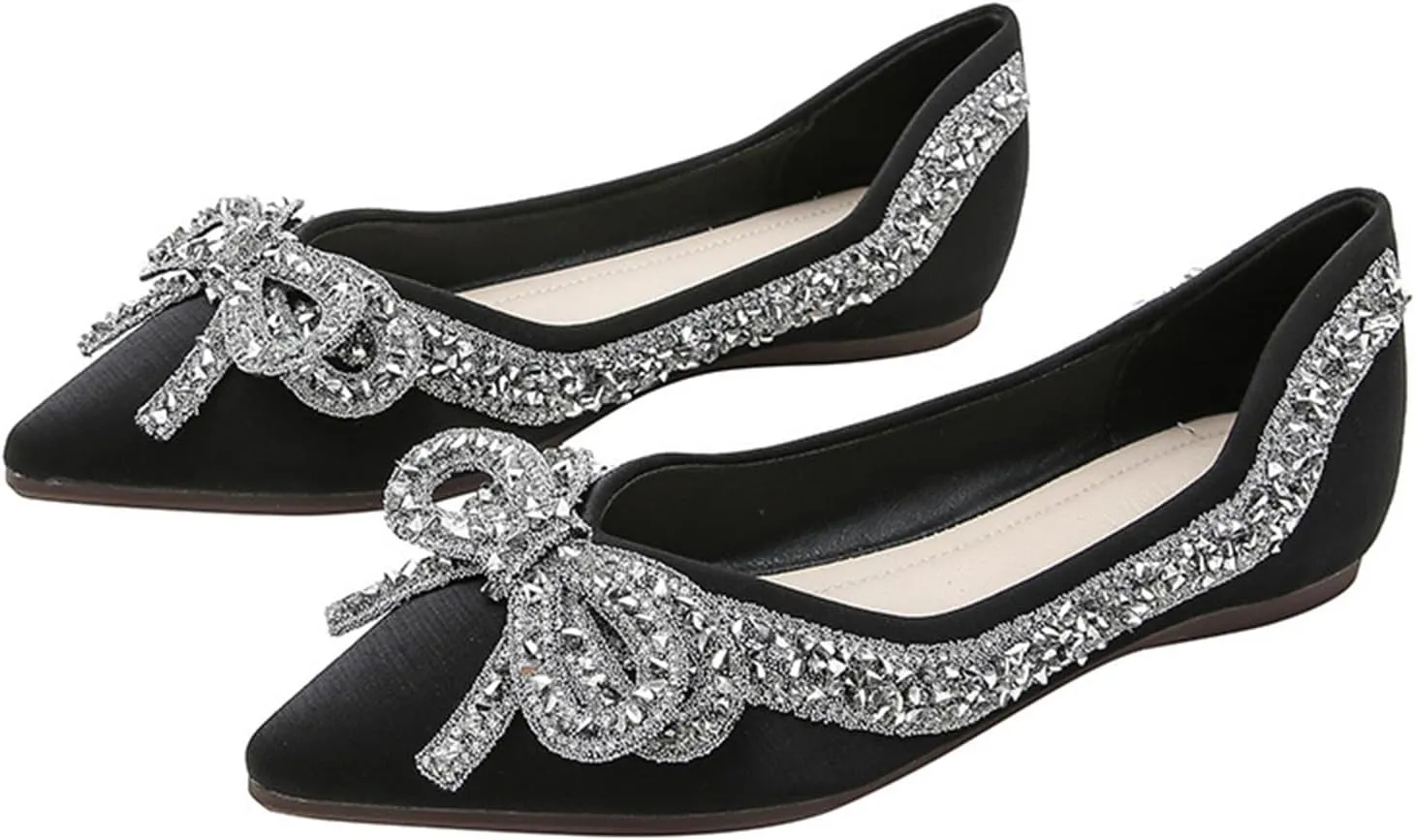 Women's Rhinestone Bow Ballet Flats Shoes，Cute Closed Pointed Toe Slip-On Loafers Comfortable and Lightweight Wedding Dress Shoes