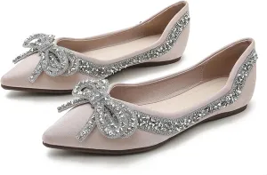 Women's Rhinestone Bow Ballet Flats Shoes，Cute Closed Pointed Toe Slip-On Loafers Comfortable and Lightweight Wedding Dress Shoes
