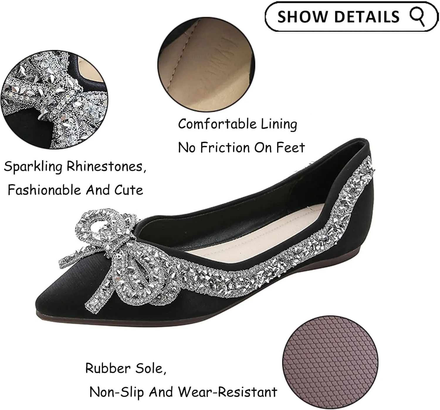 Women's Rhinestone Bow Ballet Flats Shoes，Cute Closed Pointed Toe Slip-On Loafers Comfortable and Lightweight Wedding Dress Shoes