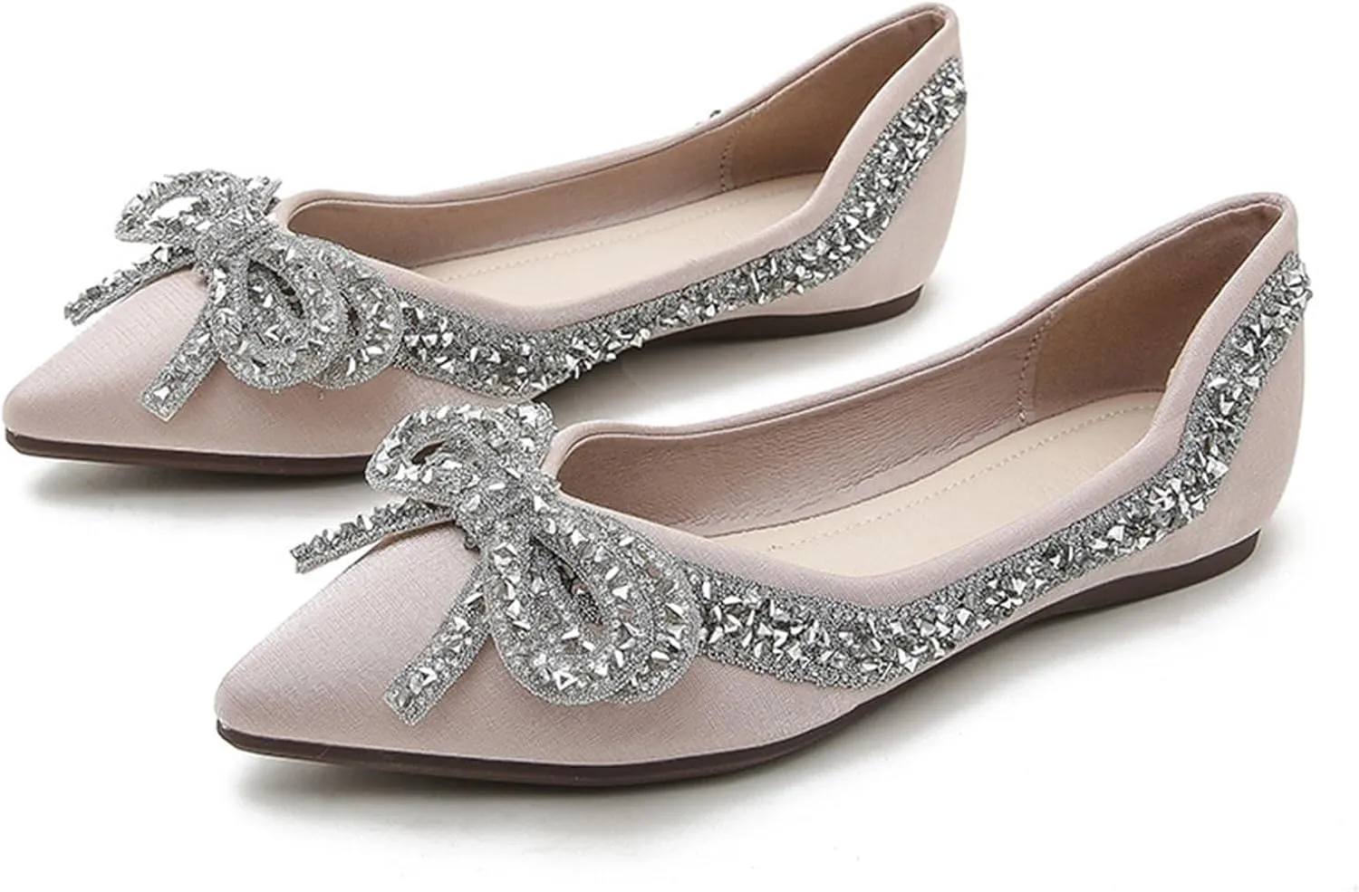 Women's Rhinestone Bow Ballet Flats Shoes，Cute Closed Pointed Toe Slip-On Loafers Comfortable and Lightweight Wedding Dress Shoes