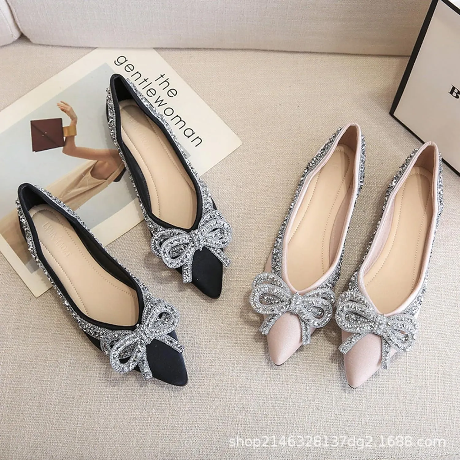 Women's Rhinestone Bow Ballet Flats Shoes，Cute Closed Pointed Toe Slip-On Loafers Comfortable and Lightweight Wedding Dress Shoes